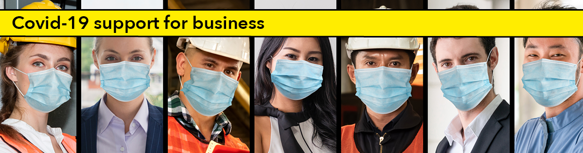 A promotional image for business support during coronavirus showing various people at work wearing face coverings